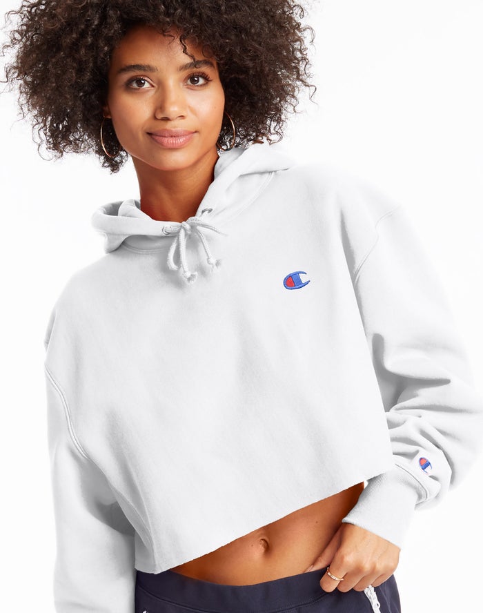 Champion Reverse Weave Cropped Cut-Off C Logo Kadın Kapşonlu Sweatshirt Beyaz ( UWIRPH286 )